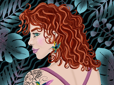 Portrait Party 5 bird tatoo character illustration curly hair design drawing challenge female illustrator female portrait hand drawn illustration pattern procreate