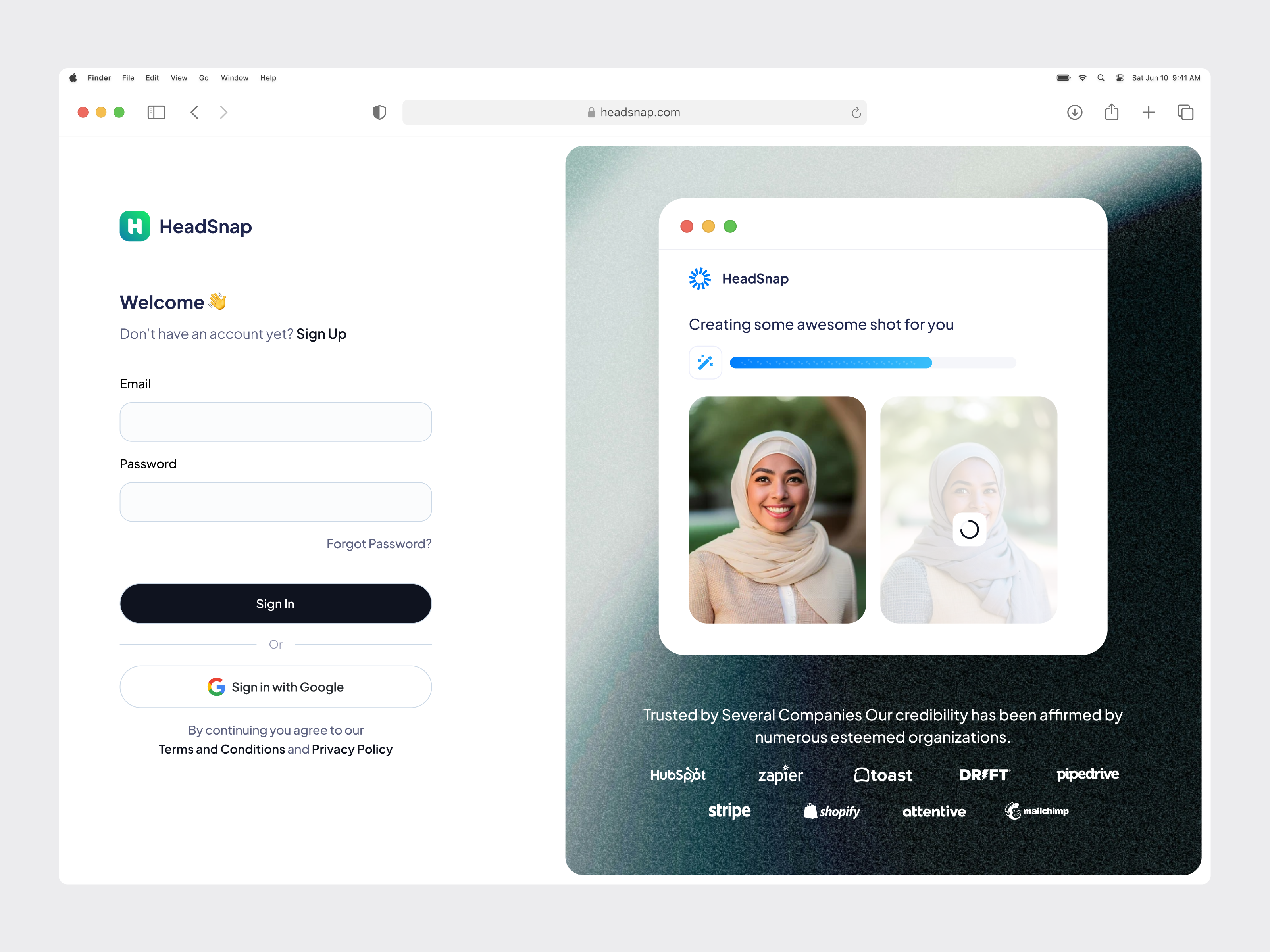 HeadSnap - Sign In Page admin ai animation artificial intelligence bento dashboard design interface landing page login minimalist modern saas sign in sign up ui ux web website