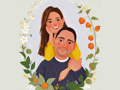 Custom Couple Portrait Illustration/ Save the Date card cartoon couple couple portrait custom portrait digital art elegant family portrait floral flower graphic design hand drawn illustration invitation invite love portrait poster design print save the date wedding invitation