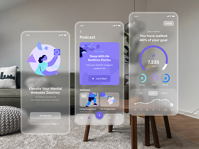 Mental Health App - Glassmorphism style app glassmorphism style graphic design health app metal health mobile app mockup ui