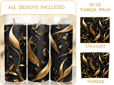 Luxe Gold Black Floral 20 Oz Tumbler Wrap Sublimation 3d tumbler wrap