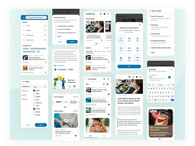 Curated Wellness Feed activity bookmark bulletin cards clean ui diet doctor document filter healthcare medical minimalistic mobile news newsletter reading social trending uiux videos