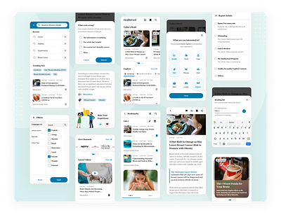 Curated Wellness Feed activity bookmark bulletin cards clean ui diet doctor document filter healthcare medical minimalistic mobile news newsletter reading social trending uiux videos
