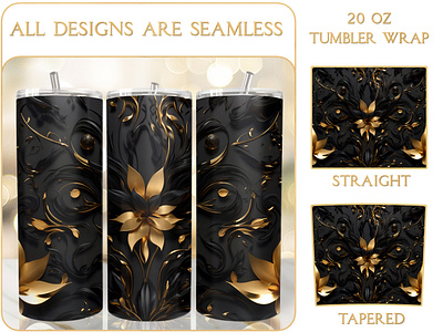 Luxe Gold Black Floral 20 Oz Seamless Tumbler Wrap 3d tumbler wrap printable tumbler wrap design