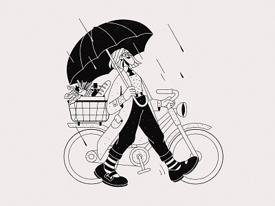 Rain bike black and white black ink drops graphic diary illustration rain sketch thin line umbrella young woman