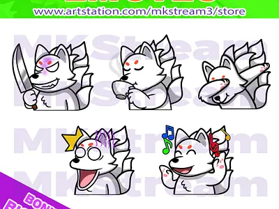 Twitch emotes kyubi fox sip, knife, dab, shock & dance pack animated emotes anime cute dab dance design discord emotes emote emotes evil face fox fox emotes illustration knife kyubi kyubi emotes shock sip sub badge twitch emotes