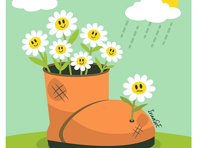 Fun summer illustration - Daisy problems birthday card card design cartoon cute daisies daisy flowers fun funny garden greeting card illustration kids old boot old boot vector summer vector vector illustration wild flowers