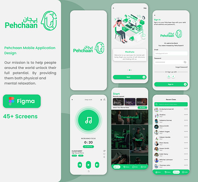 Pehchaan Mobile Application chats consultation design doctor meditation mental health music physical health profile reading relax sleep therapist ui ux