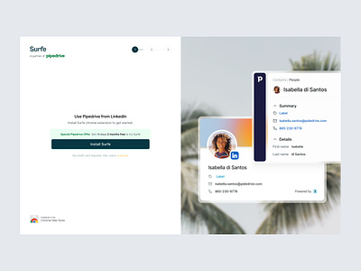 Product Onboarding of Partnership — Surfe UI add to crm app onboarding branding clean ui crm insights design design system illustration install product onboarding partnership pipedrive product design product onboarding product showcase sign in sign up steps ui user interface