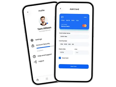 AI App Design add card animation app design blue dashboard designer e commerce minimal mobile app mobile ui payment profile theme ui design ui ux designer white