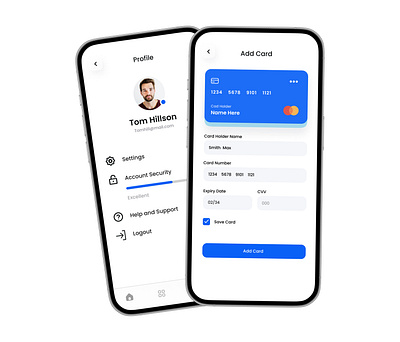 AI App Design add card animation app design blue dashboard designer e commerce minimal mobile app mobile ui payment profile theme ui design ui ux designer white