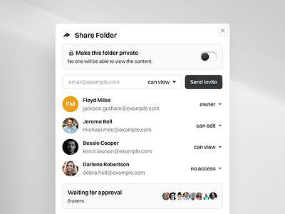 Share modal. Share an invite. can edit can view clean ui email invite figma folder invite link owner pop up popup product design saas share share link share modal sharing modal sharing settings toggle user interface
