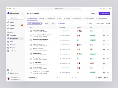 E-Signing Webapp __ My Documents Table clean ui dashboard design digital sign doc sign document document signing e sign e sign webapp minimal pagination product design saas saas webapp sidebar table ui ui design uiux webapp