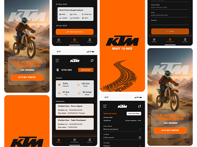 KTM Bike Companion Application bike calander figma fuel ktm mobile app orange petrol prototyping ui uiux userflow ux