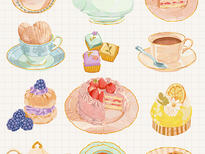 Teatime & Sweets Digital Sticker Set cakes digita stickers digital illustration food goodnote stickers illustration procreate sweets teapot teatime