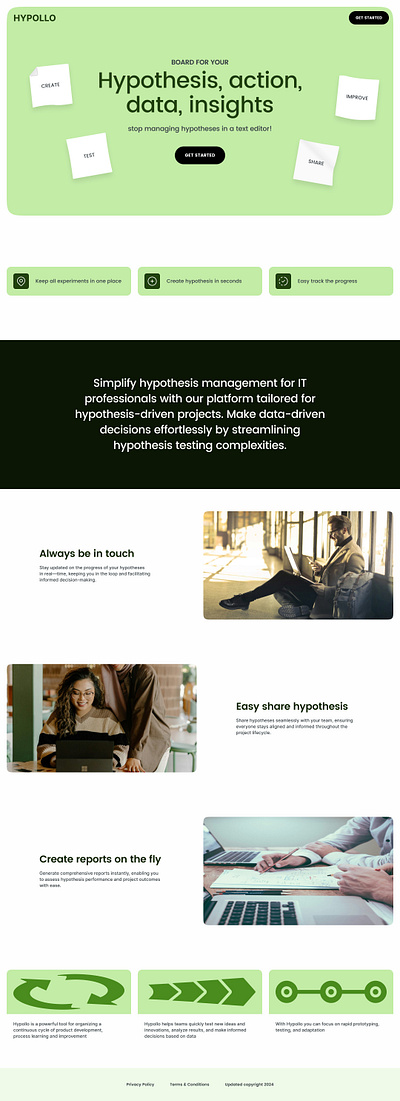 Landing Page for SaaS product design green header hypothesis landing page leads lp manager trello ui ux