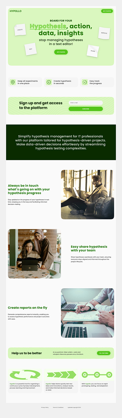 Landing Page for SaaS product design green header hypothesis landing page leads lp manager trello ui ux