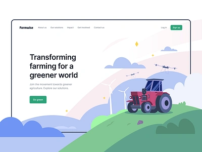 Farmwise - landing page, hero illustration agricultural iot agricultural robotics agriculture agritech crops farm data analysis farm technology green fields header hero illustration hero image illustration landing page modern farming organic farming tech smart farming sustainable farming top navigation tractor web design