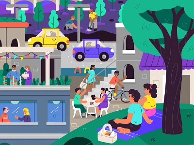 Transforming Cities for the future adobe character city cityscape colourful digitaldesign flatdesign green greenfuture illustration muti people picnic purple sustainability yellow