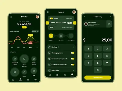 Monitoring money with multi-credit card tracking app app bank dark ui design finance green inspiration interaction interaction design mobile mobile design money phone style tracking tracking money ui ui design ux ux design