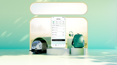 Swile Travel train 3d architecture backpack branding cinema4d gradient green pastel redshift travel zen