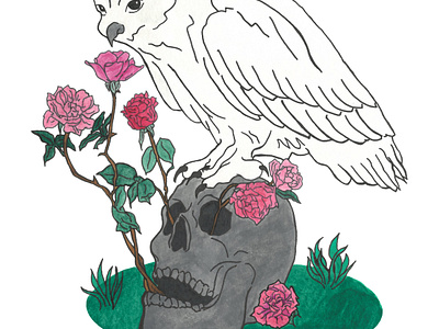 Sticker Merchandise Design for Kthoniaa cherry blossoms collaboration digital flower crown flowers illustration magic merchandise merchandise design occult owl product design rose roses skull sticker sticker design traditional watercolor white owl