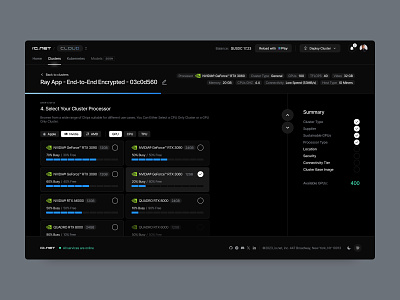 Cluster creation - DePIN App ai app cex code dark mode dashboard defi depin developer enterprise gpu minimal product design saas software tools ux web app