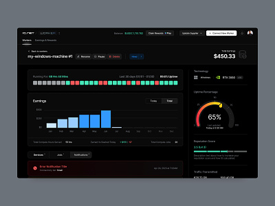 Earnings Dashboard - DePin app admin ai blockchain cex code crypto dashboard defi depin developer enterprise gpu minimal payment product design saas software ui ux web app