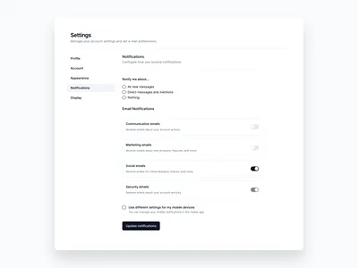 Account settings | Settings Account Page account account settings api settings b2b design system figma form inputs minimal navigation notification preferences product design profile setting saas settings settings page ui kit uxdesign valeria savina designer