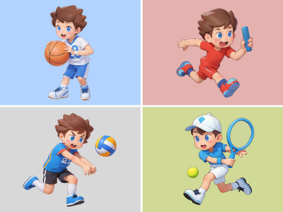 Sports Cartoon Illustration 3d basketball cartoon cute design exercise illustration pastel rendering running sports tennis volleyball