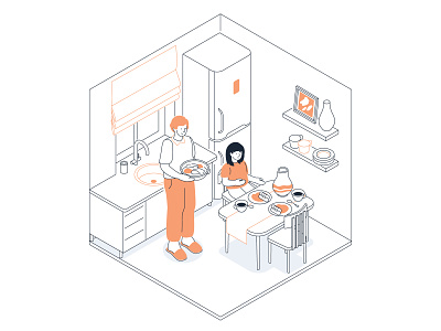 Family lunch in the kitchen Isometric Illustration breakfast character design eat family flat design food home illustration interior isometric isometry lunch style vector