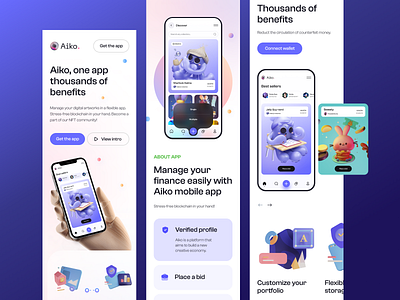 NFT Marketplace: Landing page Mobile Responsive 3d abstract blockchain blur branding colorful concept graphic design illustration interaction landing page logo mobile app mobile design nft nft marketplace responsive ui design ux design web design