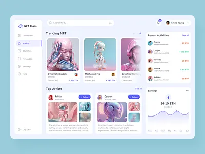 NFT Marketplace Dashboard 3d admin panel ai collections dashboard design design 2024 graph nft robots sidebar stats ui ux web application