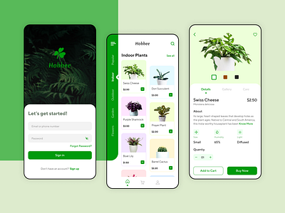 Plant e-commerce app add to cart branding card categories details page e commerce icons light mode login page logo menu quantity shopping side nav bar signup ui