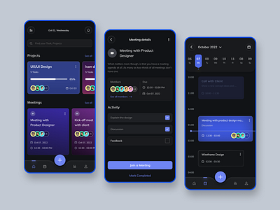 Task Management App activity add new buttons calender card darkmode design home page icons meeting minimal mobile app nav bar projects simple task management ui