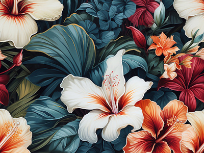 Seamless pattern with colorful tropical Hawaiian flowers botanical cloth colorful design draw fabric fashion floral flower flowers hawaiian flowers hibiscus illustration jungle print seamless pattern textile texture wallpaper