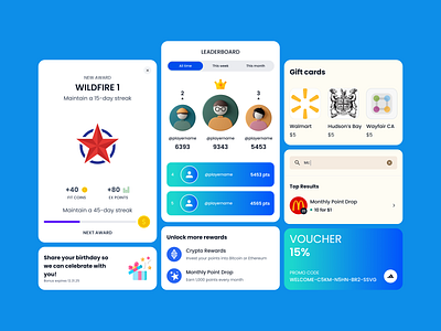Gamification UI Cards to View Activity, Progress and Rewards achievements figma gamification mobile app rewards ui ui cards ui design uiux ux ux design