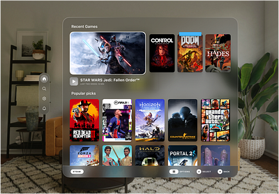 Steam Deck on vision pro 3d ui apple vision apple vision pro concept gaming app design gaming in vr minimal modern spatial design spatial ui steam deck on vision pro steam deck redesign steam deck ui virtual gaming virtual reality vr ar vr design