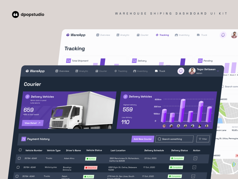 WareApp - Warehouse Shiping Dashboard UI KIT chart courier darkmode dashboard delivery dpopstudio inventory map notification overview responsive ridwan soleh sales shipment shipping tracking truck ui ux ui8 warehouse
