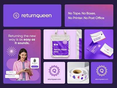 ReturnQueen Branding brand guide brand identity brand strategy branding interaction marketing graphics mockups returns service social media