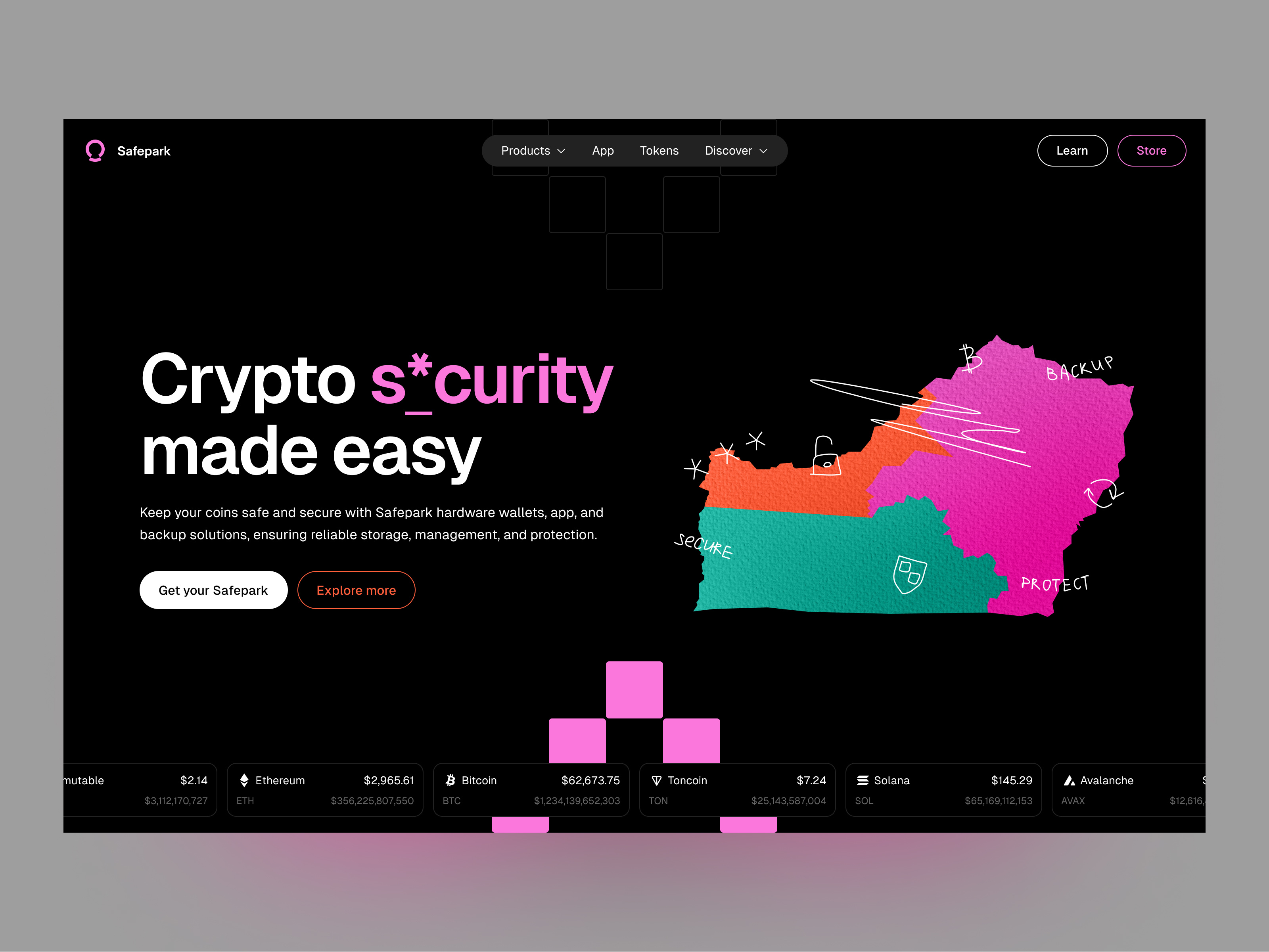 safepark: hardware wallet, web3, crypto, app, dashboard analytics application assets allocation crypto cryptocurrency dashboard defi desktop app fintech hardware hero section illustration ledger safety security trading trezor wallet web design web3