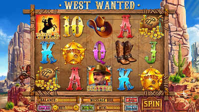 The Main UI design for the Wild West themed online slot game casino slot casino themed cowboy cowboy slot cowboy themed digital art gambling gambling art gambling design game art game design game reels graphic design reels slot design slot reels ui ui design wild west
