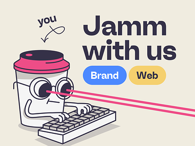 Jamm with us brand coffee contractor cup cute freelance hire illustration jamm keyboard lasereyes logo product unfold ux web work