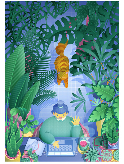 Welcome to the Indoor Jungle adobe illustrator animals cat character design character illustration colorful editorial illustration home office house plants illustration nature plants poster design vector vector illustration workspace