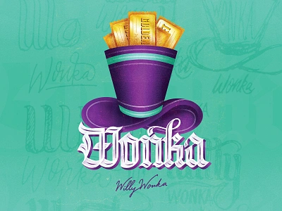 Wonka Final art black blackletter chocolate design drawing factory golden green illustration letter procreate purple texture ticket tickets type willy wonka work