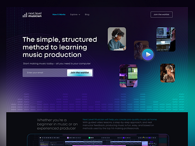 Webflow landing page design and development Next Level Musician hero hero section home page hubspot landing landing page landing page design landing page development learn music learning music music design music landing page online courses ui ux web web design web development web flow design webflow
