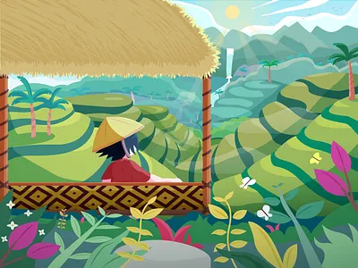 Terrace rice field illustration adobe illustrator asia design farmer gaze graphic design hut illustration landscape mountain rice field sunrise vector
