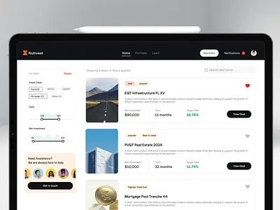 Alternative Investment Platform - Deals and Listings Marketplace agency bonds branding dashboard design ecommerce filters finance fintech illustration listing mutual funds product design stocks ui