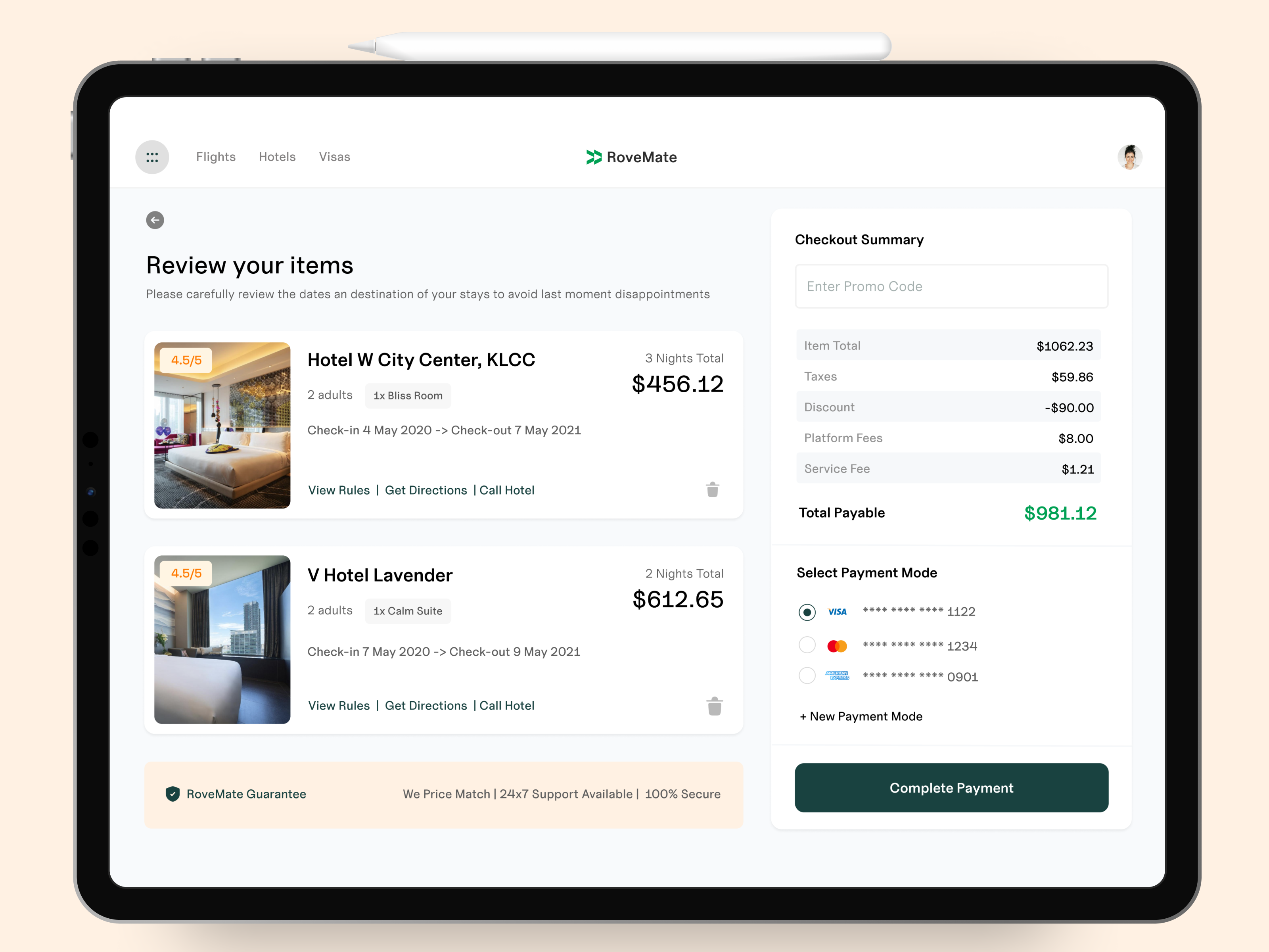 Hotel Booking Checkout Screen - Cart and Payment agency booking branding breakdown checkour credit card design ecommerce flights hotel illustration ios ipad logo nomads payment payment plans product design travel