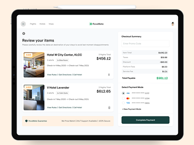 Hotel Booking Checkout Screen - Cart and Payment agency booking branding breakdown checkour credit card design ecommerce flights hotel illustration ios ipad logo nomads payment payment plans product design travel